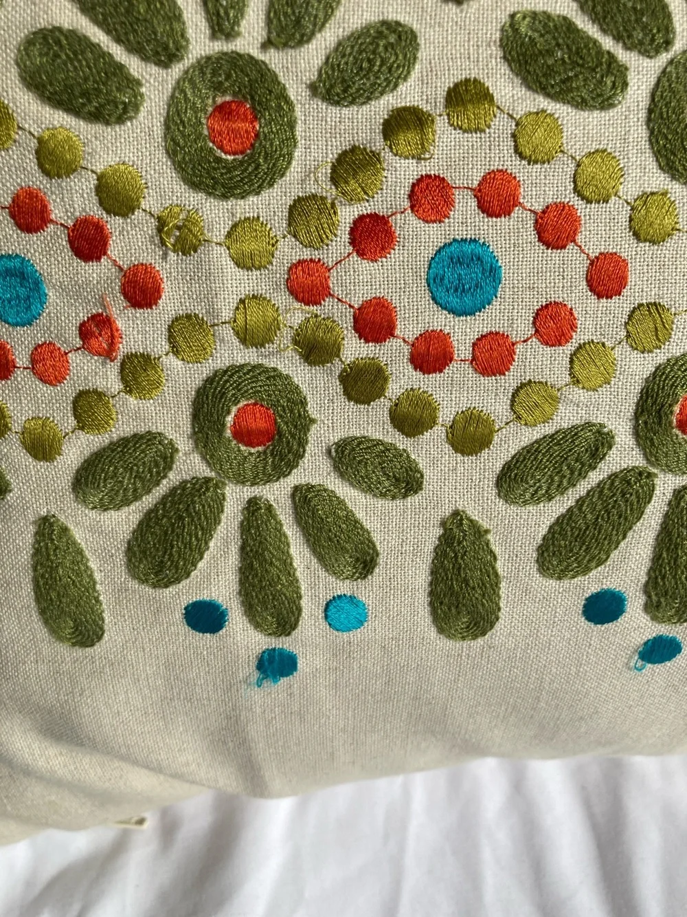 CRATE and  BARREL Embroidered Lumbar Pillow  Boho Linen Cotton 17 x 11 inches
